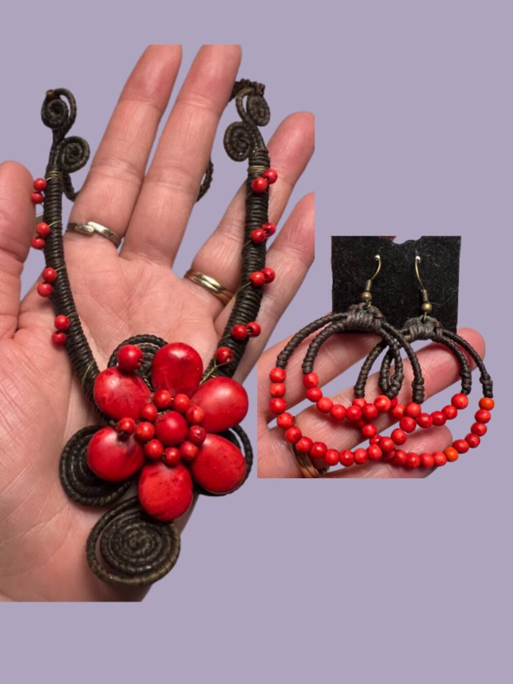 Bead & Macrame Red Adjustable Statement Necklace and earrings set wire wrapped